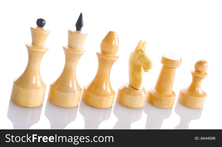 White chess pieces with reflection in row, isolated on white