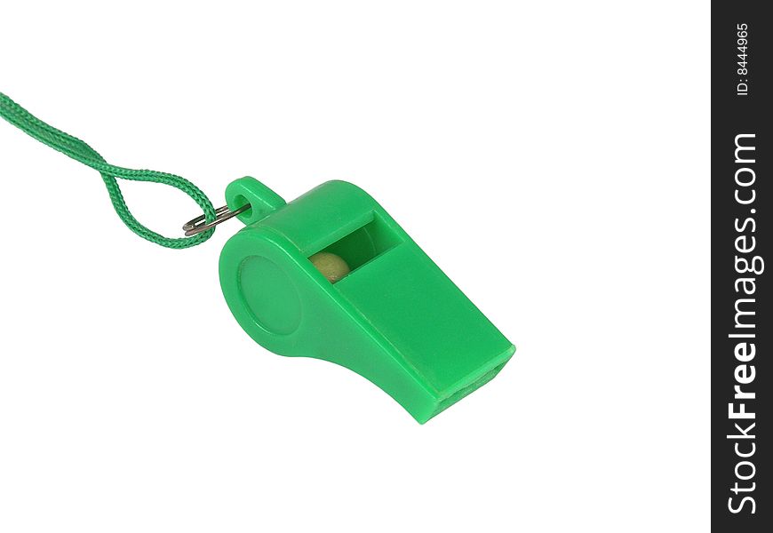 Green whistle with lace on white background. Green whistle with lace on white background