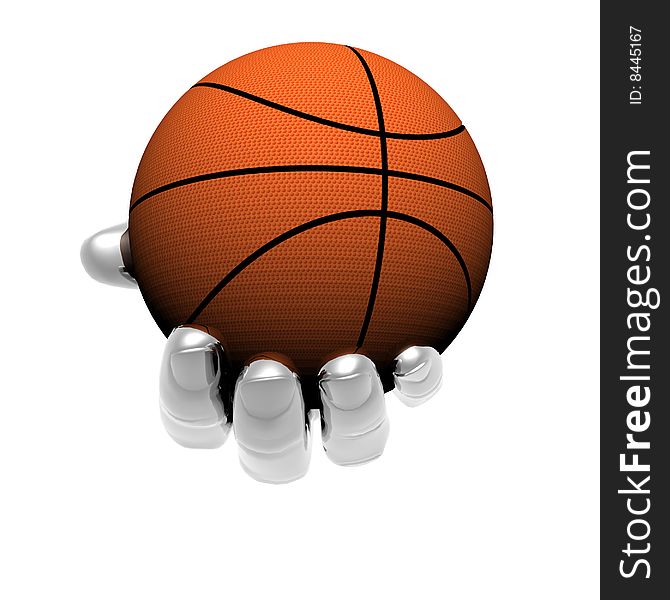 Hand With Basket Ball Isolated On A White