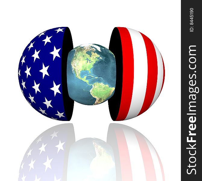 3d Earth In Hemispheres With Us Flag Texture