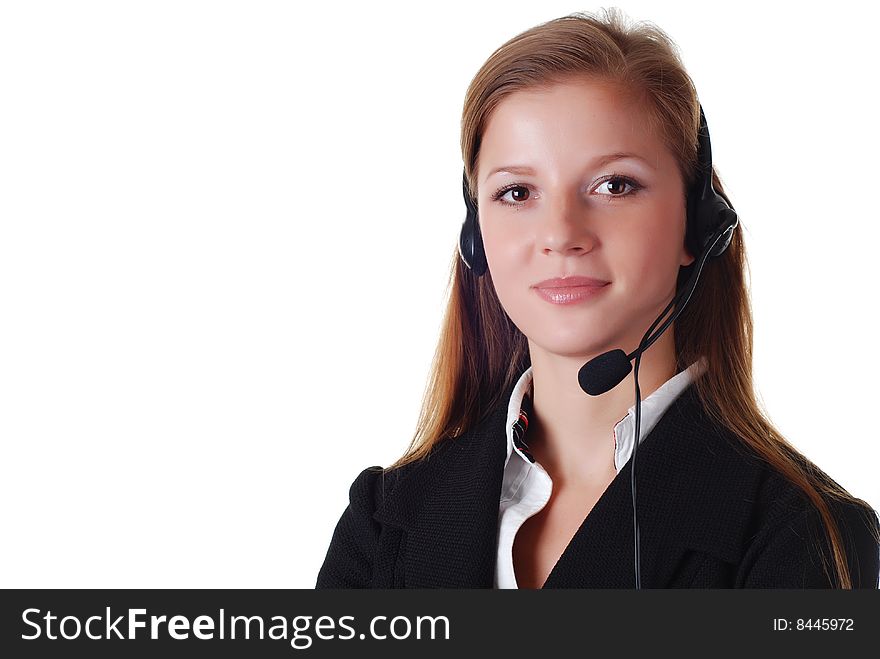 Beautiful woman with headphones on white background