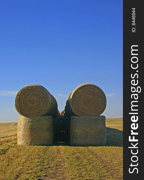 Stacked bales sitting in a field after second harvest in late summer. Stacked bales sitting in a field after second harvest in late summer