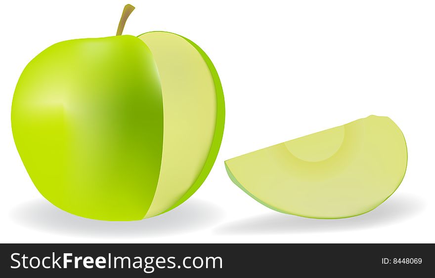 A frech green apple with cut, illustration over white. To see similar please visit my gallery.