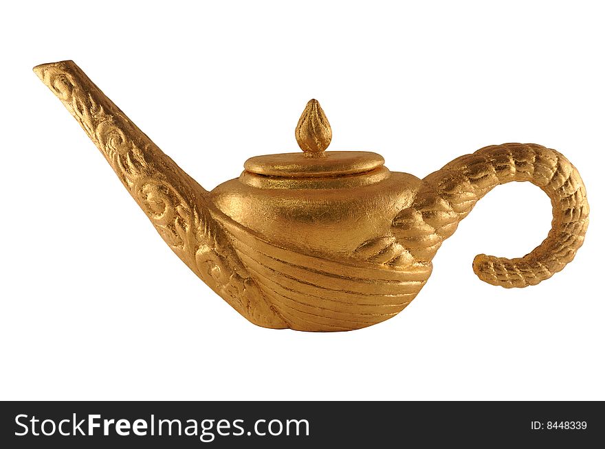 Golden teapot on white background