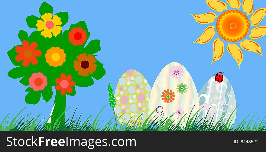 Stock photo: an image of a tree and three easter eggs