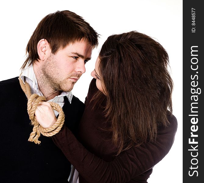 Stock photo: an image of man with rope on his neck and woman. Stock photo: an image of man with rope on his neck and woman