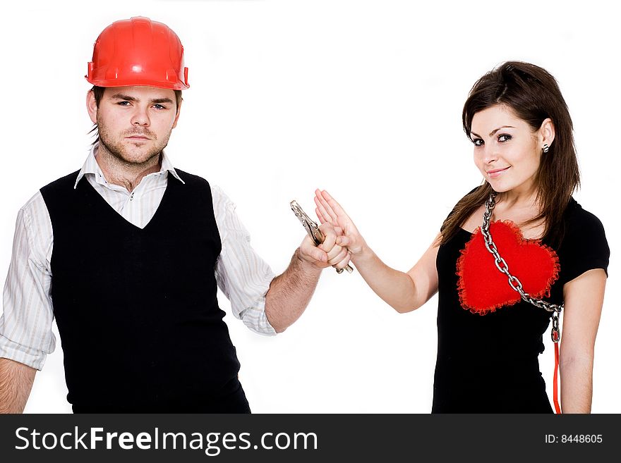 Stock photo: an image of man in a cap and woman with heart. Stock photo: an image of man in a cap and woman with heart