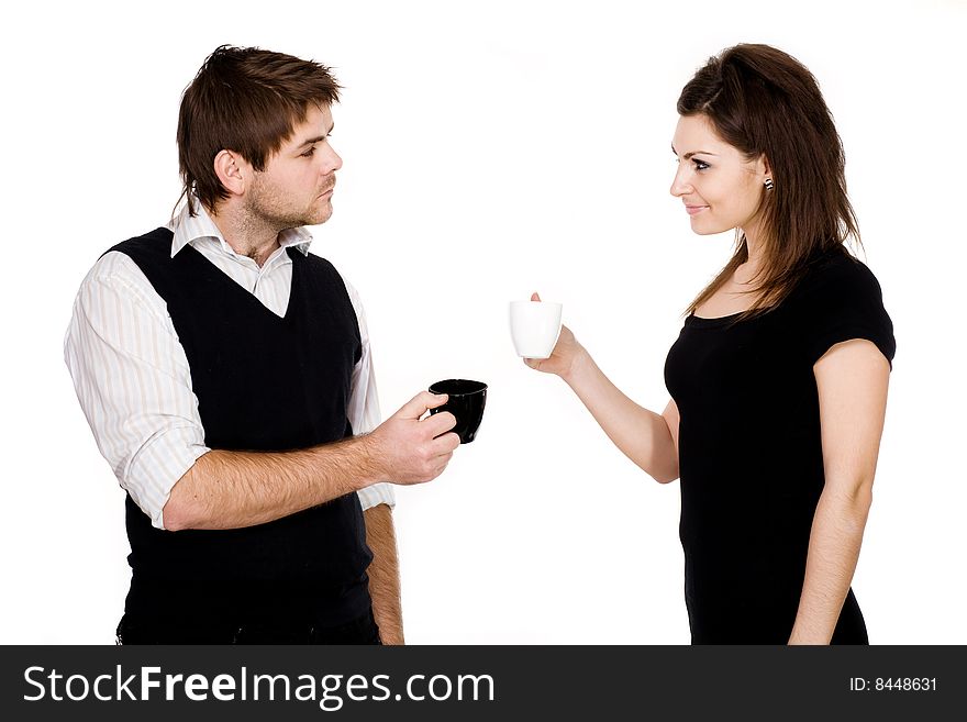 Stock photo: an image of woman and man with cups. Stock photo: an image of woman and man with cups