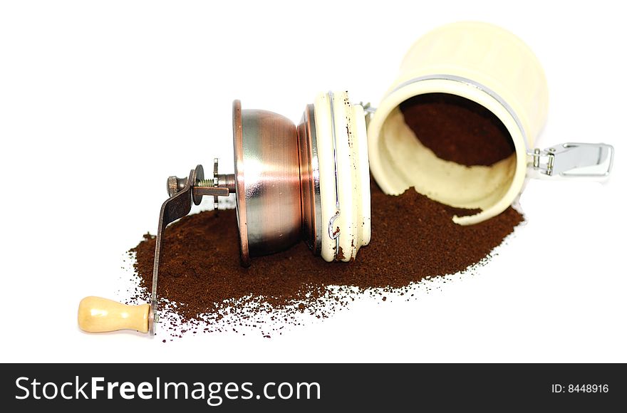 Hand coffee grinder with grounded powder. Hand coffee grinder with grounded powder