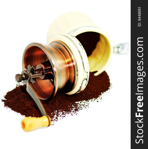 Hand coffee grinder with grounded powder. Hand coffee grinder with grounded powder