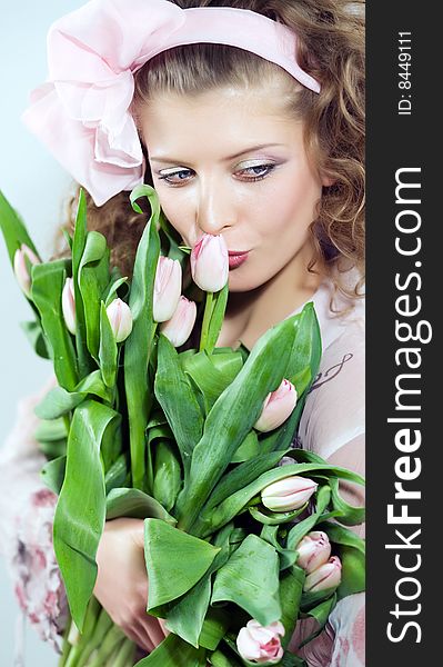 Portrait of beautiful woman with the pink flowers. Portrait of beautiful woman with the pink flowers.