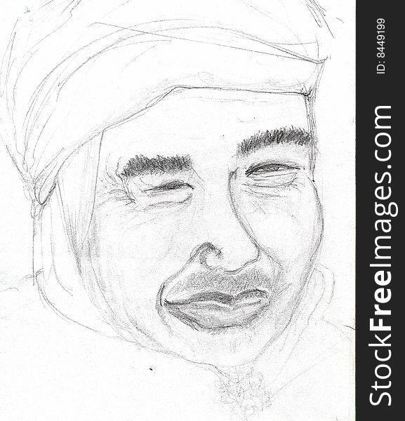 Portrait of old Moroccan man drawing with black pencil. Portrait of old Moroccan man drawing with black pencil.