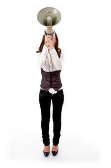 Front View Of Female Carrying Loudspeaker Royalty Free Stock Photography Front View Of Female Carrying Loudspeaker Royalty Free Stock Photography