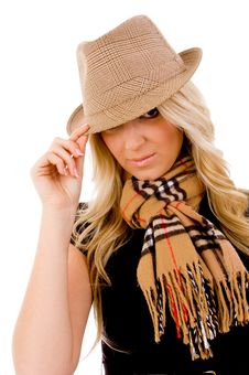 Portrait Of Smiling Young Woman Holding Her Hat Stock Images Portrait Of Smiling Young Woman Holding Her Hat Stock Images