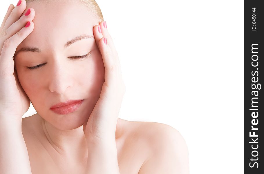 Woman with headache against the white background