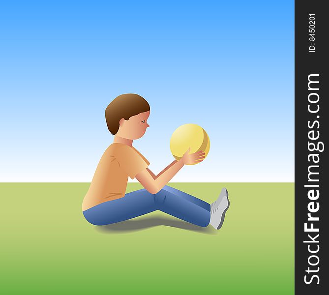 Boy with a ball sitting on a grass.