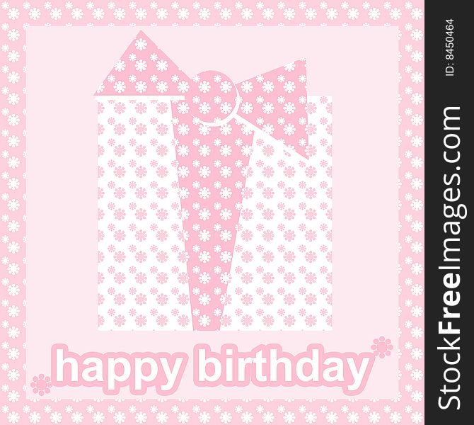 A happy birthday card showing a gift wrapped with pink paper