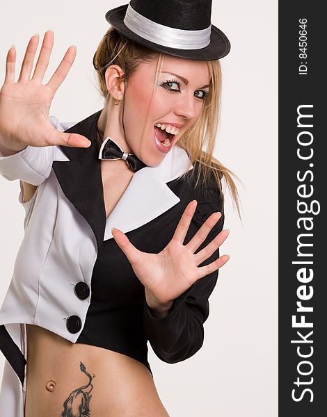 Sexy woman with small top hat and theatrical costume. Sexy woman with small top hat and theatrical costume