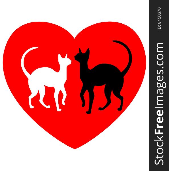 Two enamoured cats against red heart