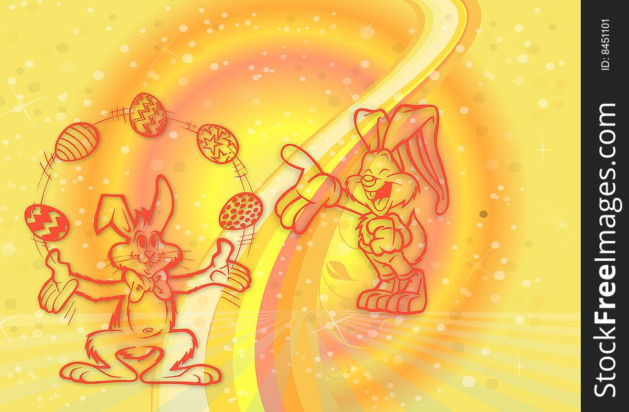 Easter illustration with bunnies and eggs on colorful background. Easter illustration with bunnies and eggs on colorful background