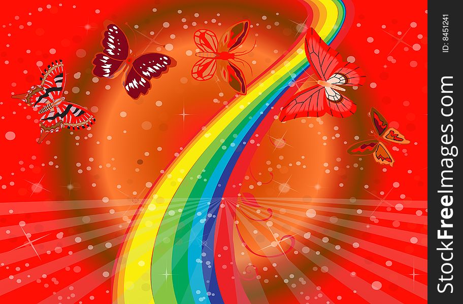 Rainbow illustration with butterflies on colorful background. Rainbow illustration with butterflies on colorful background