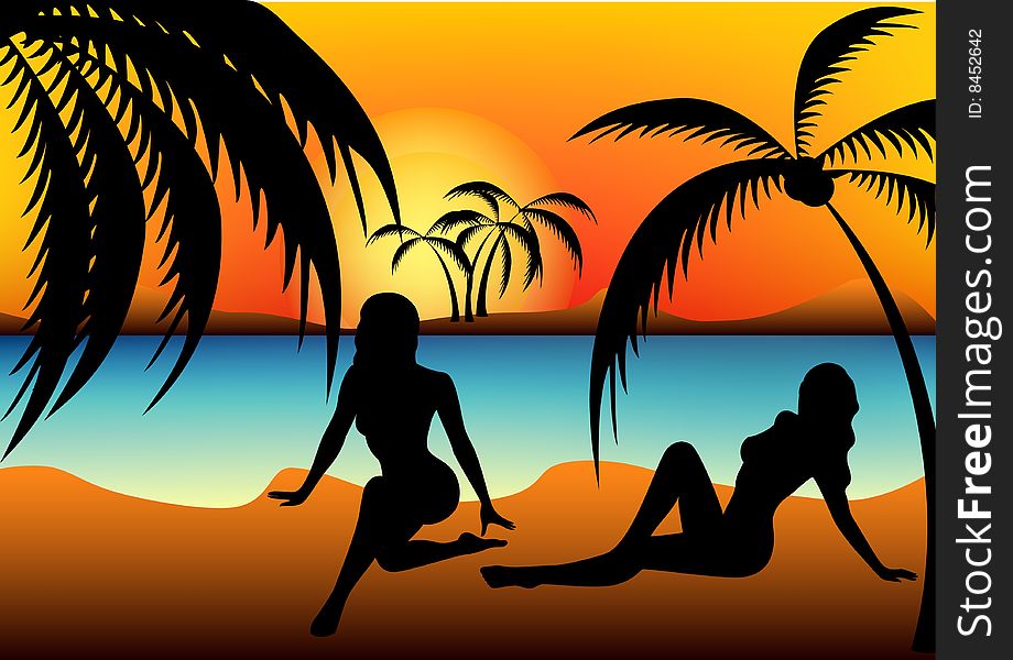 Silhouettes of two girls on a beach