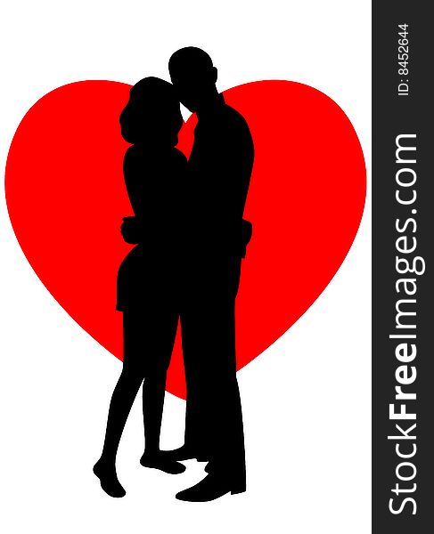 Silhouette of two lovers against red heart
