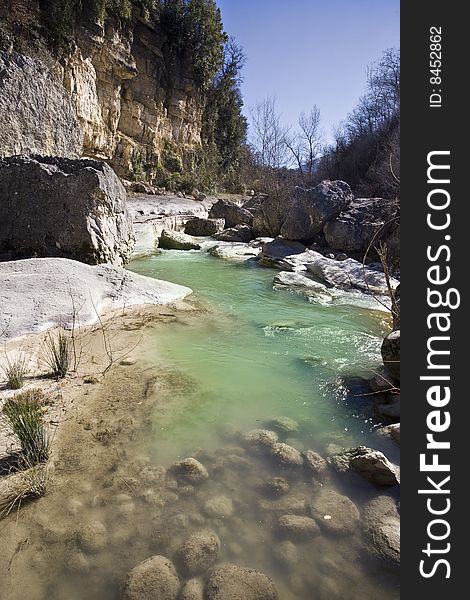 View of the bed of a river in the Abruzzo region of central Italy. View of the bed of a river in the Abruzzo region of central Italy