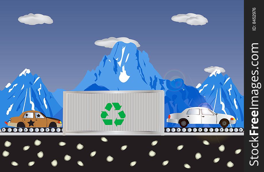 Abstract vector illustration of a car recycling process with mountains in background. Abstract vector illustration of a car recycling process with mountains in background