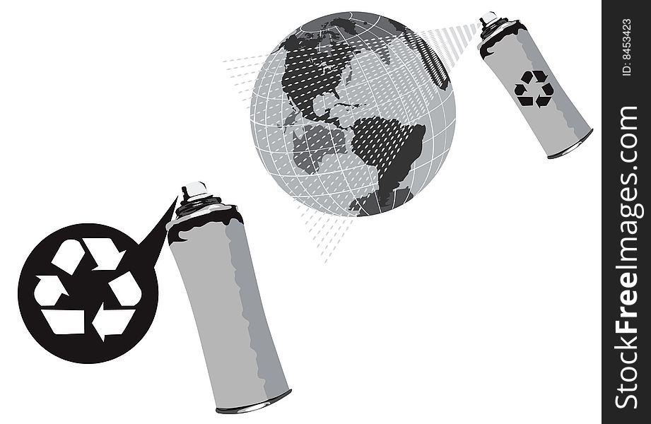 Two fun black and white vector illustrations of recycle spray.