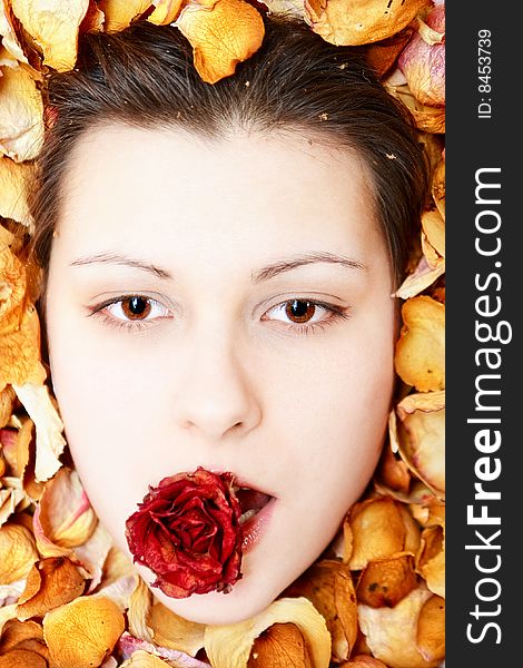 Girl in dried petals with rose in lips. Girl in dried petals with rose in lips