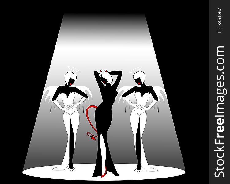 Silhouettes of an angels and devil on a black background
