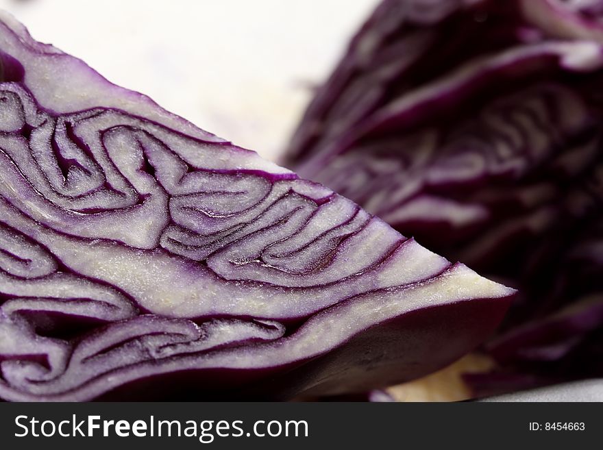 Closeup of a cut red cabbage