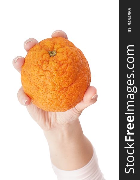 Orange In Hand On White Background