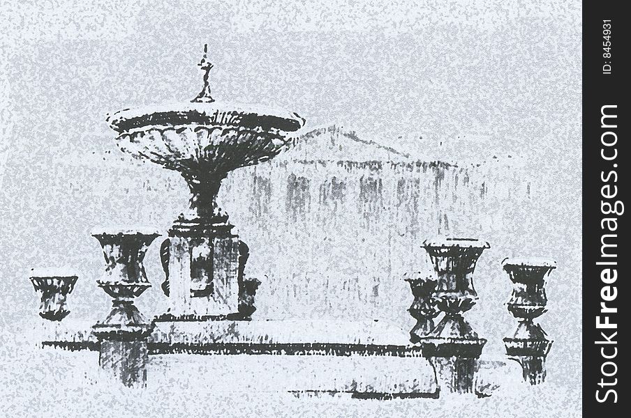 Fountain, drawing, architecture, water, bowls, a background, stone, a city, the area, streams