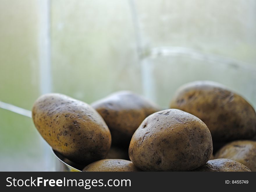 Potatoes in saucepan in front of window