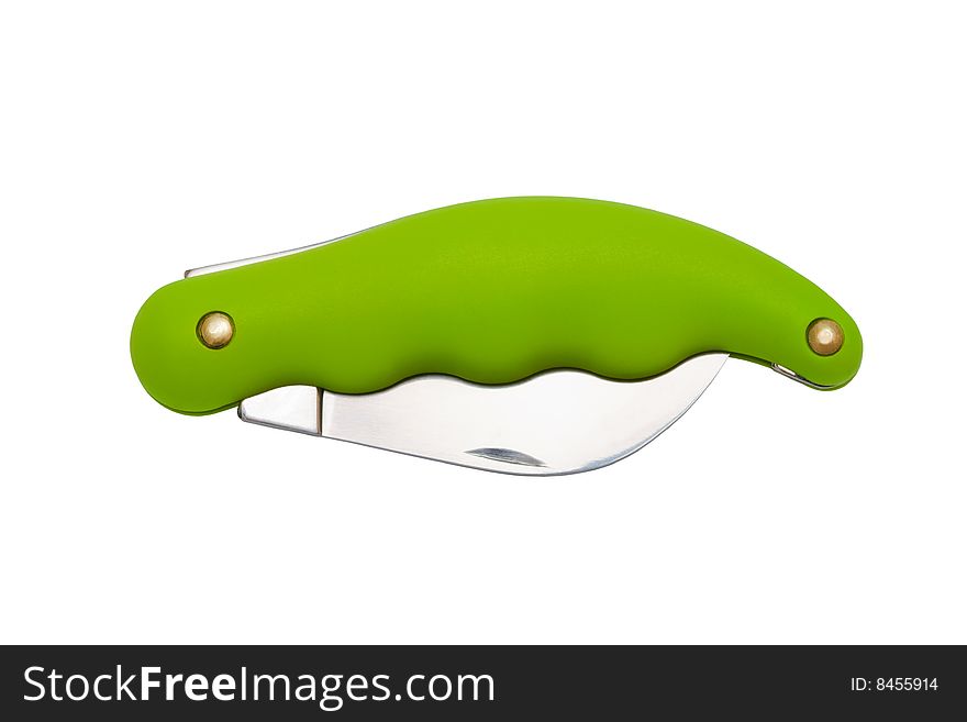 Green folding knife on a white background