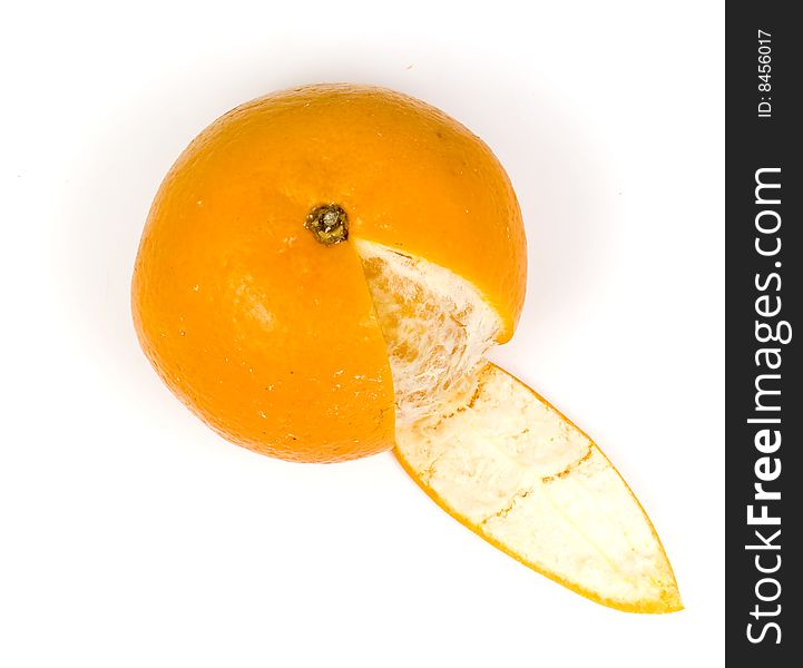 Orange with one slice peel on white