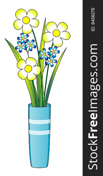 Blue and yellow flowers in a blue vase