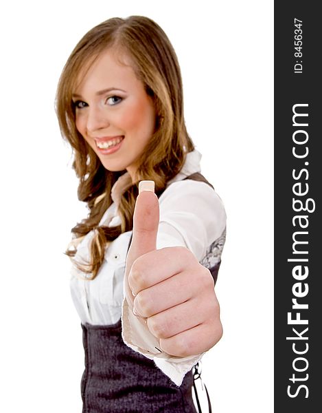 Side View Of Smiling Woman With Thumbs Up