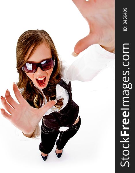 Top view of young woman posing against white background