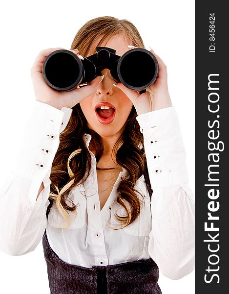 Front view of shocked model looking through binocular on an isolated background