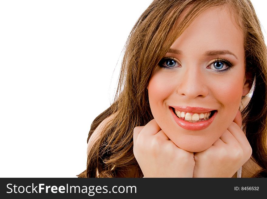 Close view of smiling model with white background