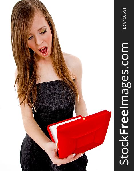 Front view of model looking into necklace box on an isolated white background