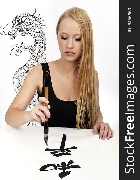 Woman Writing Chinese Calligraphy: Peace