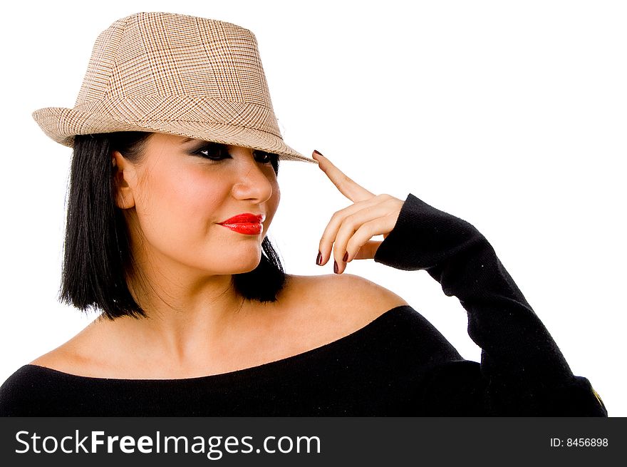 Portrait of smiling female wearing hat on an isolated white background