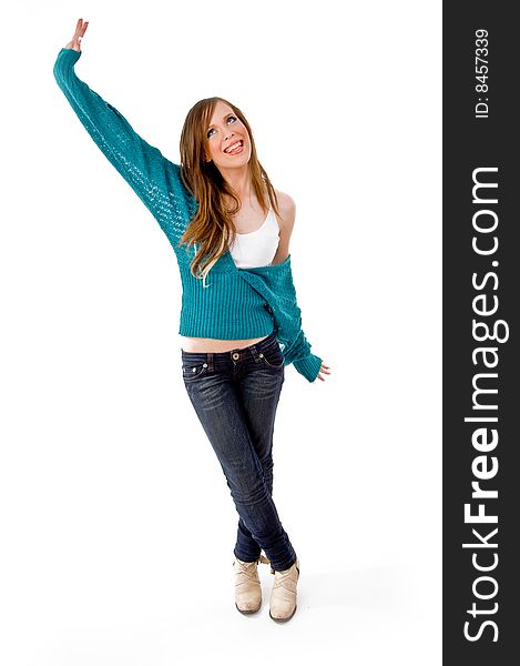 Front view of happy dancing woman on an isolated background