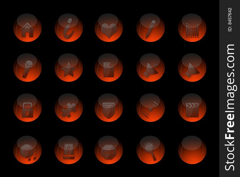 Set of 20 orange glass icons, web and multimedia