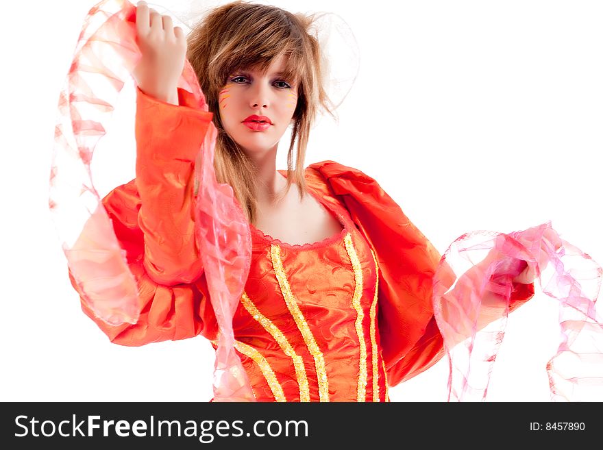 Cute Teenage Girl Presenting Her Orange Fancy Dres