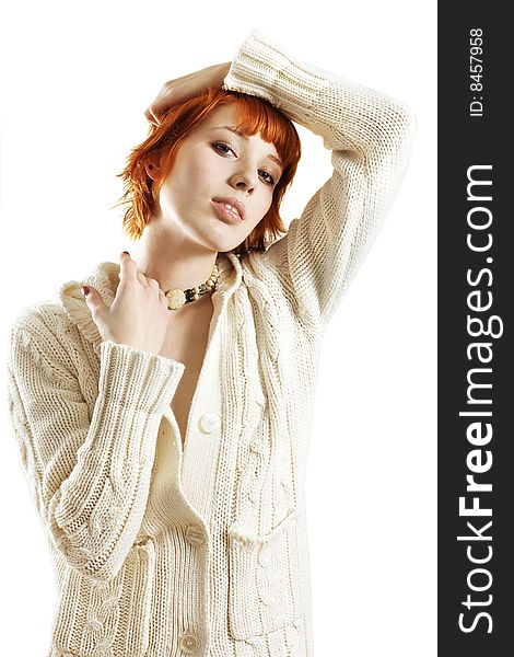 Red haired woman wearing sweater. Red haired woman wearing sweater